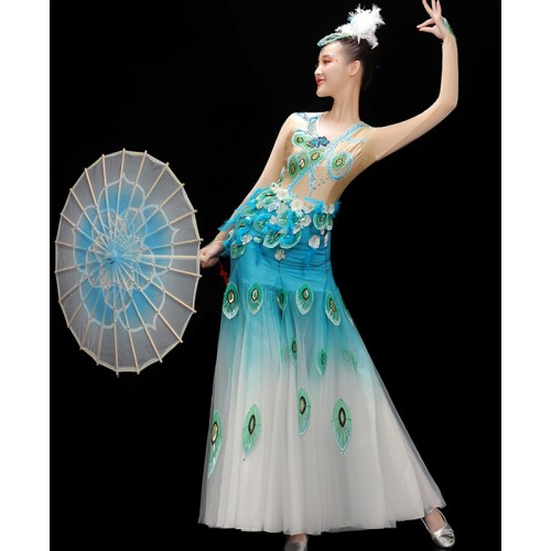 Women turquoise gradient colored chinese folk dance dresses Dai dance costumes Tailand Peacock belly dance art test dresses long-sleeved fishtail skirt for female